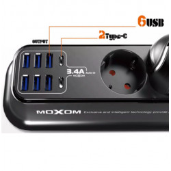 MOXOM KH-63Y 4-Position Power Socket with 6 USB and 1.5m Cable Black