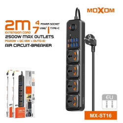 Moxom 4 Position Safety Power Strip with Switch, 7 USB Positions and 2m Cable Black