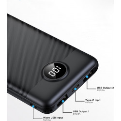 Veger L10 Power Bank 10000mAh με 2 Θύρες USB-A και Θύρα USB-C Μαύρο