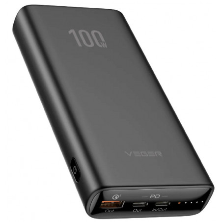 Veger T100 Power Bank 20000mAh 100W with USB-A Port and 2 USB-C Ports Power Delivery Black