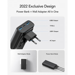 Vrurc W1146 Power Bank 10000mAh 20W with 2 USB-A Ports and USB-C Port Power Delivery / Quick Charge 3.0 Black