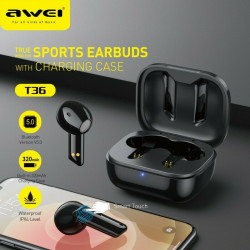 Awei T36 Earbud Bluetooth Handsfree Sweatproof Headphone with Charging Case Black